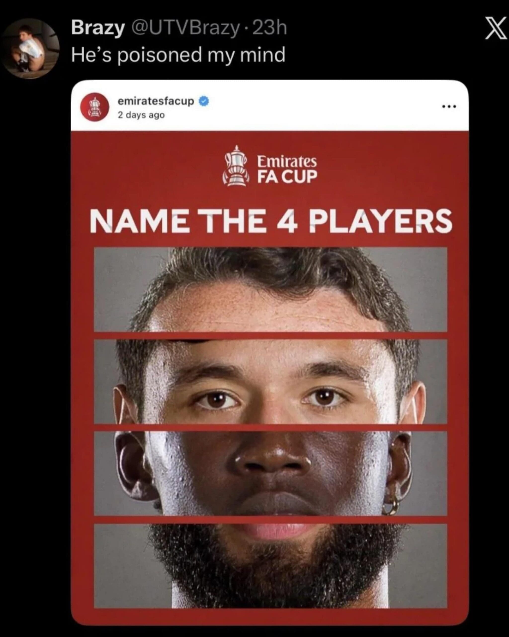 Social media post showing an unsettling composite face assembled from four separate soccer players for an FA Cup trivia graphic.