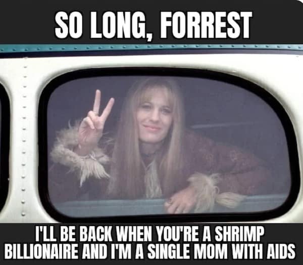Movie still of Jenny waving peace from a bus in Forrest Gump, overlaid with dark humor text summarizing her questionable storyline arc across the film.