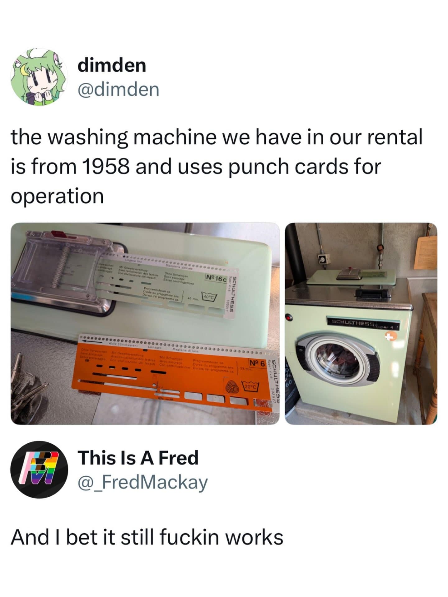Tweet showcasing a vintage 1958 mint-green Schulthess washing machine that operates using plastic punch cards, included in a meme dump.