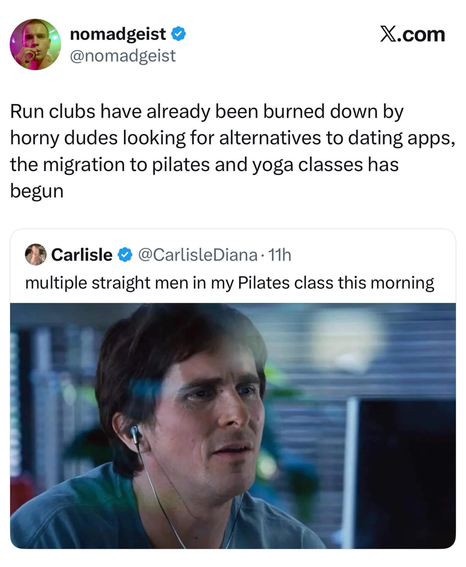 Tweet thread analyzing single men abandoning run clubs to join Pilates and yoga classes as dating app alternatives, featuring Christian Bale's focused expression.