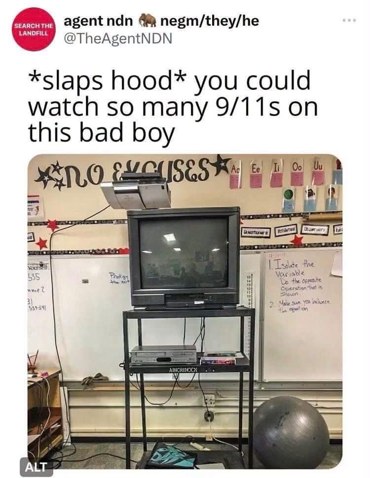Car salesman meme format applied to a nostalgic 2000s classroom rolling TV cart equipped with a heavy CRT television and VCR.
