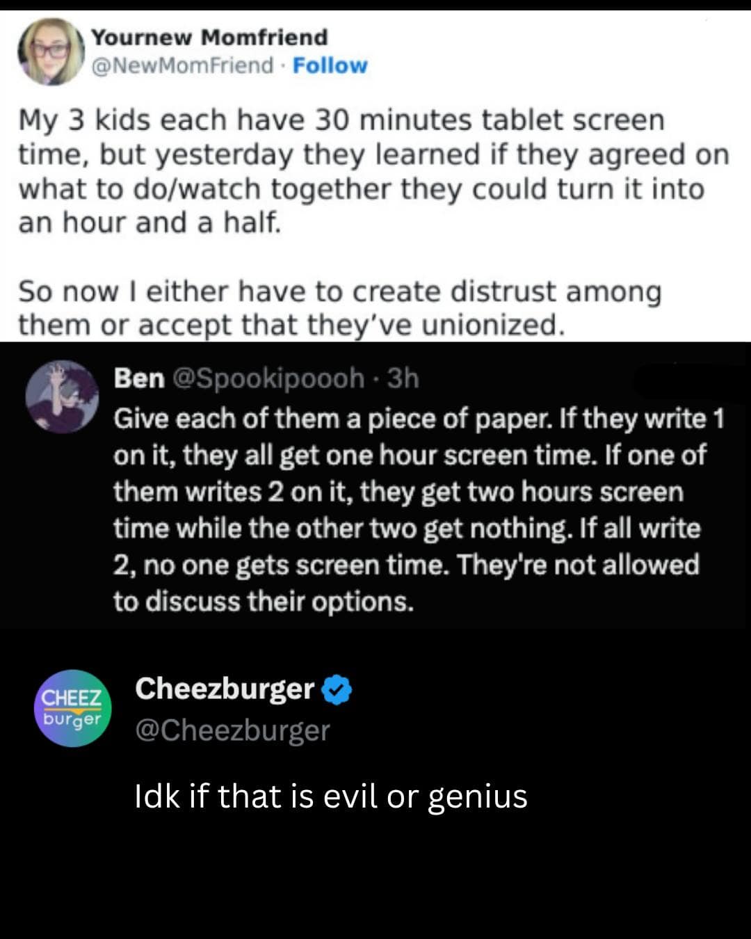 Tweet thread discussing kids unionizing their tablet screen time, paired with a reply suggesting game theory and the Prisoner's Dilemma to break their coalition.