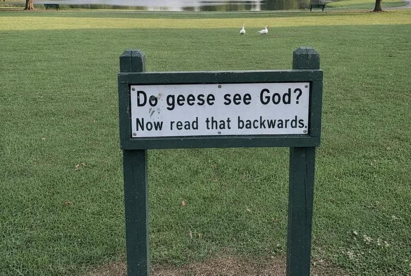 An amusing mind-bending park sign featured in this meme dump asking "Do geese see God?" and instructing readers to read it backwards, revealing a perfect palindrome.