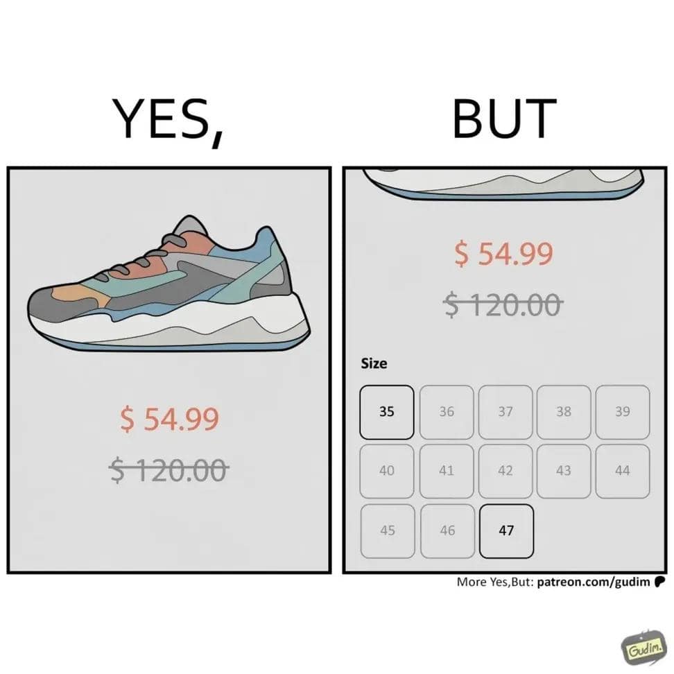 An e-commerce disappointment comic from "Yes, But" featured in this meme dump, showing a stylish sneaker marked down to $54.99, but with a size selection grid where every normal size is sold out except 35 and 47.