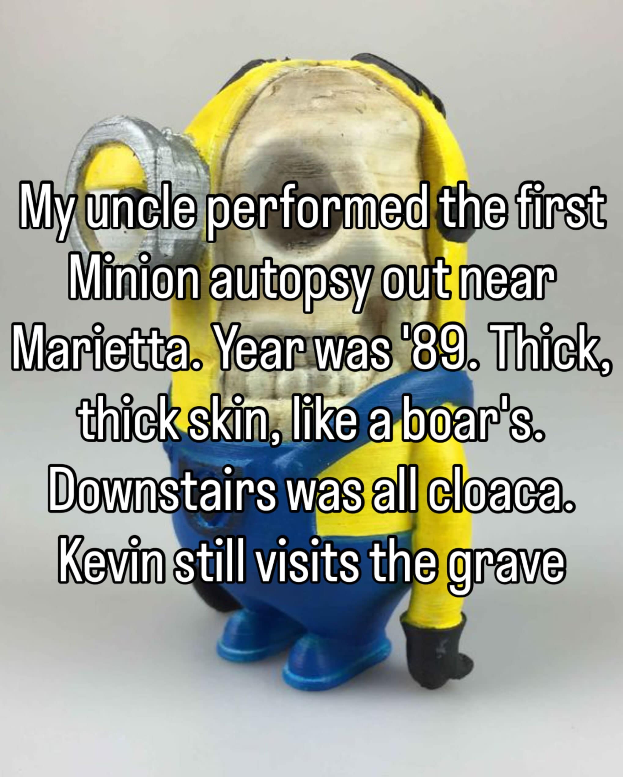 A dark anatomical lore meme dump post featuring a 3D-printed yellow Minion skull figurine accompanied by an unhinged fictional story about a 1989 Minion autopsy in Marietta.