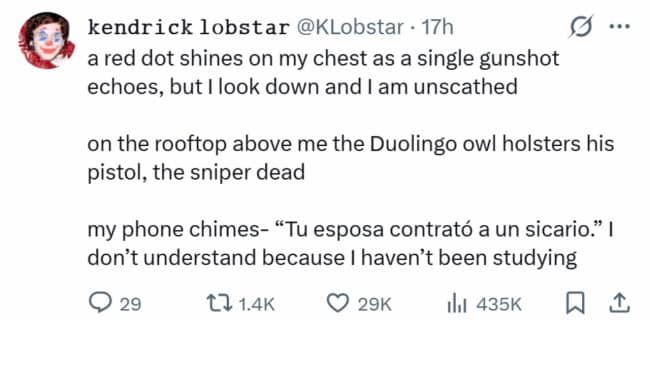 A viral Duolingo sniper narrative tweet featured in this meme dump describing the owl assassinating a hitman and sending a Spanish warning text the user can't read.