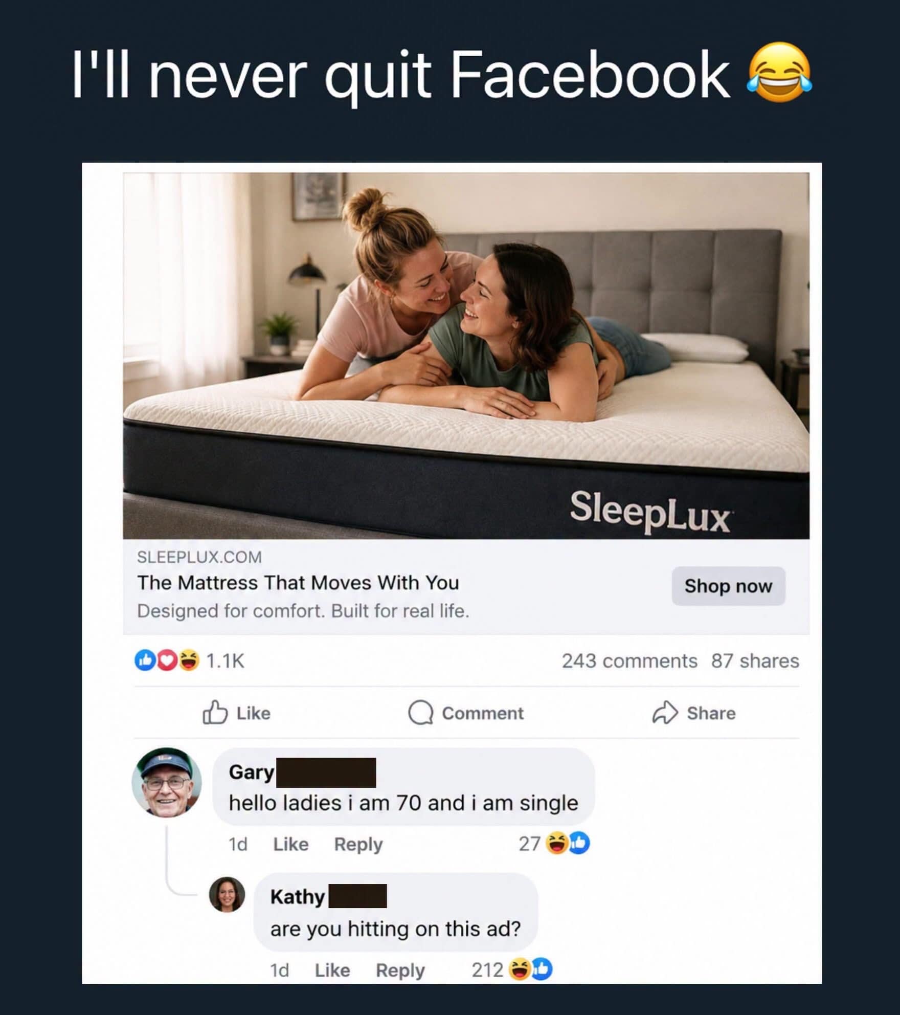 Facebook advertisement for a SleepLux mattress where a 70-year-old single man named Gary attempts to flirt with models in the comment section.