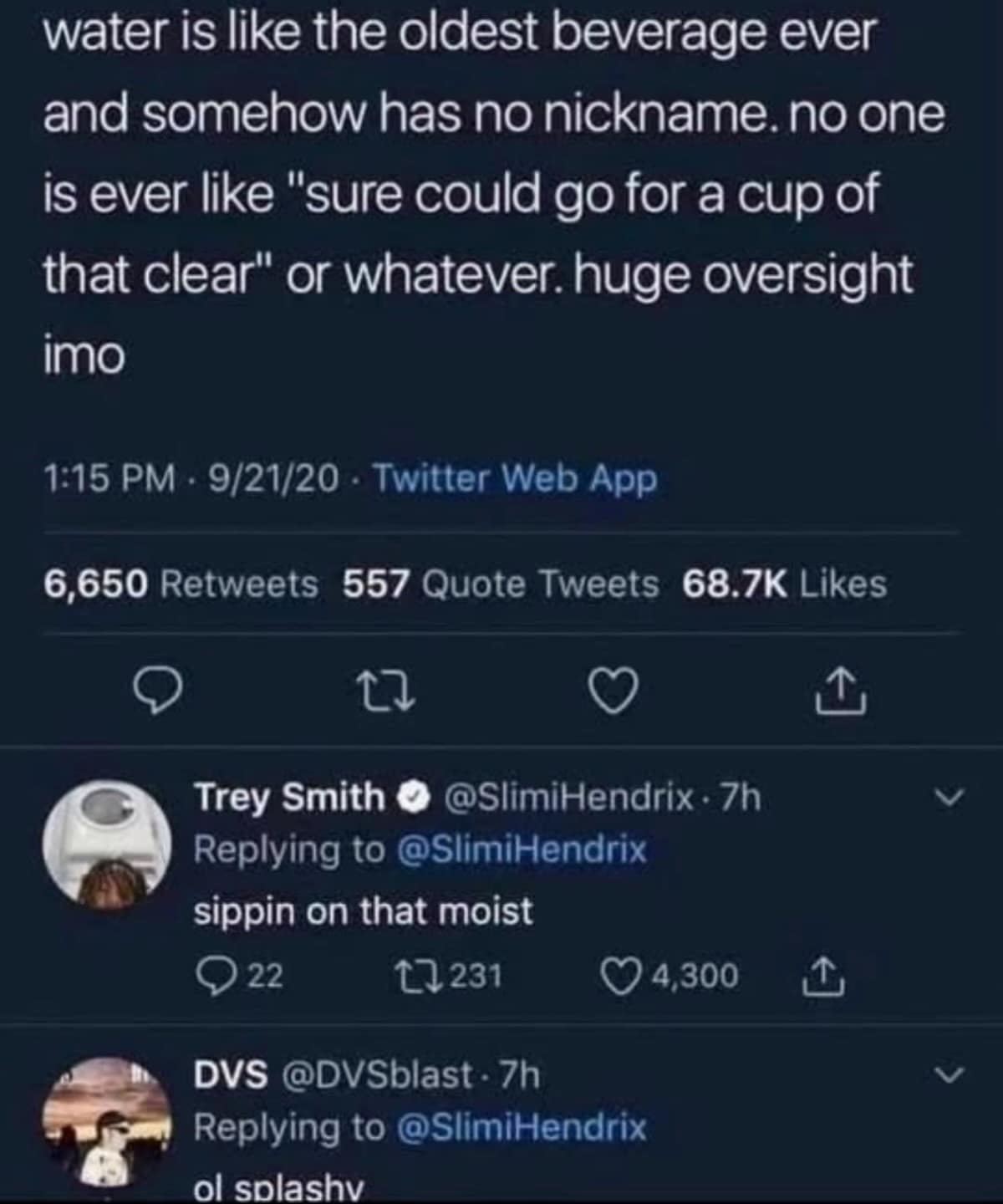 Twitter thread debating slang nicknames for tap water, with users suggesting bizarre terms like "sippin on that moist" and "ol splashy."
