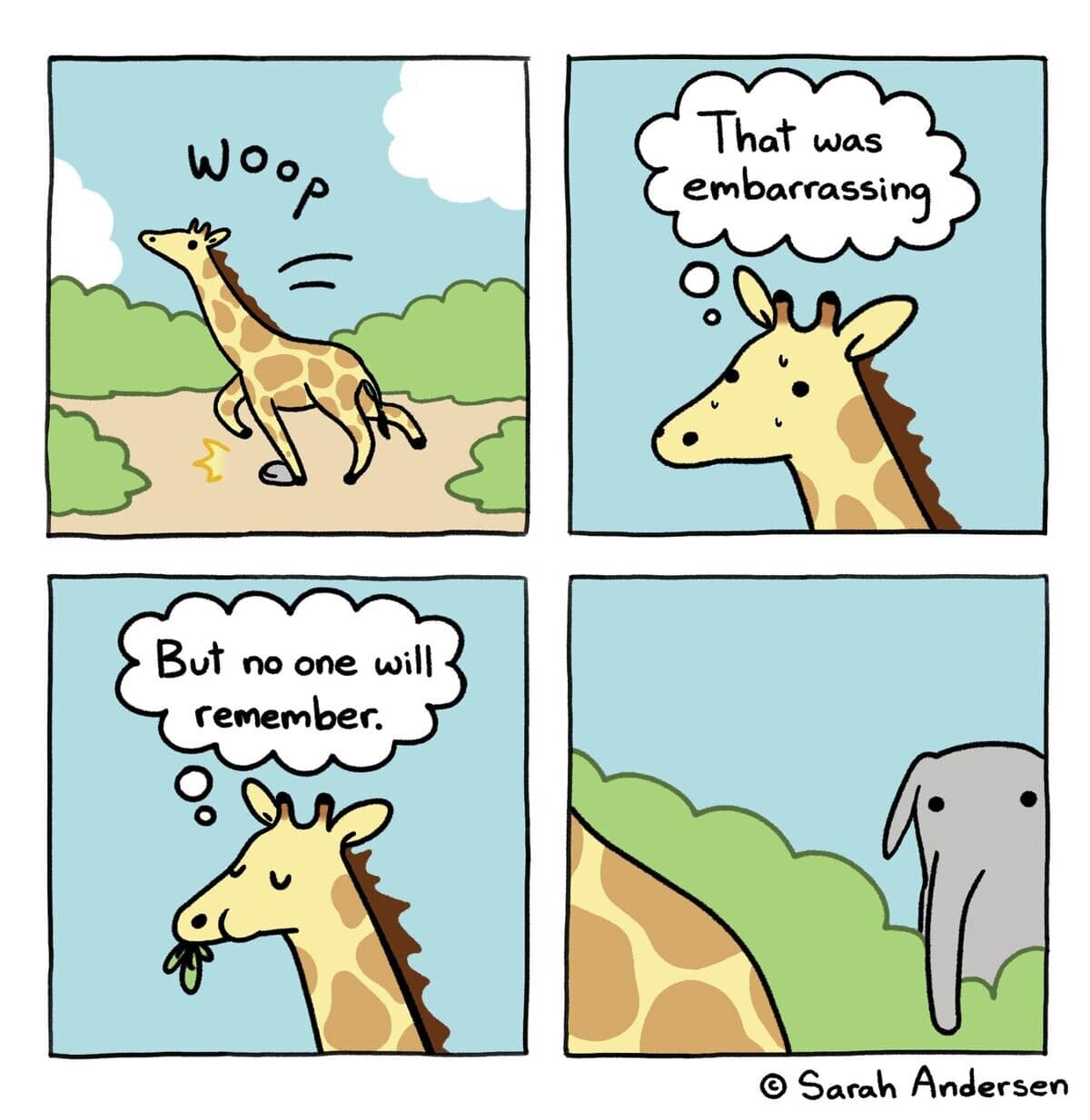 A Sarah Andersen four-panel webcomic in this meme dump showing a giraffe tripping and reassuring itself no one will remember, while an elephant with a famous memory watches from the bushes.