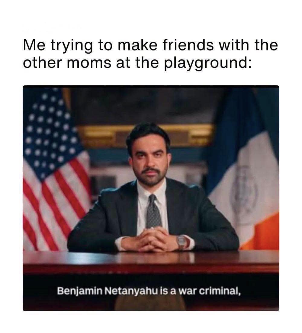 A playground socialization satire post in this meme dump using a political press conference screenshot with subtitles to mock oversharing heavy political views with fellow parents.