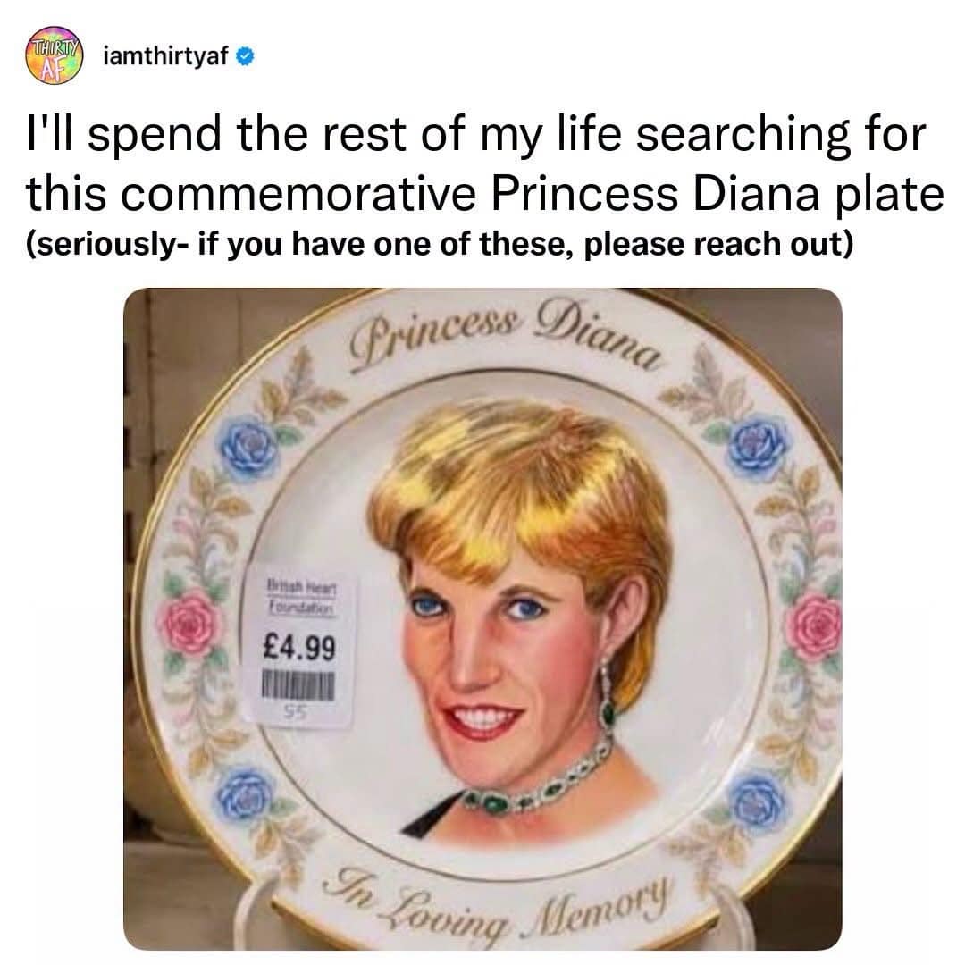 A thrift store decor discovery post in this funny picture set featuring a hilariously botched commemorative Princess Diana porcelain plate priced at £4.99.