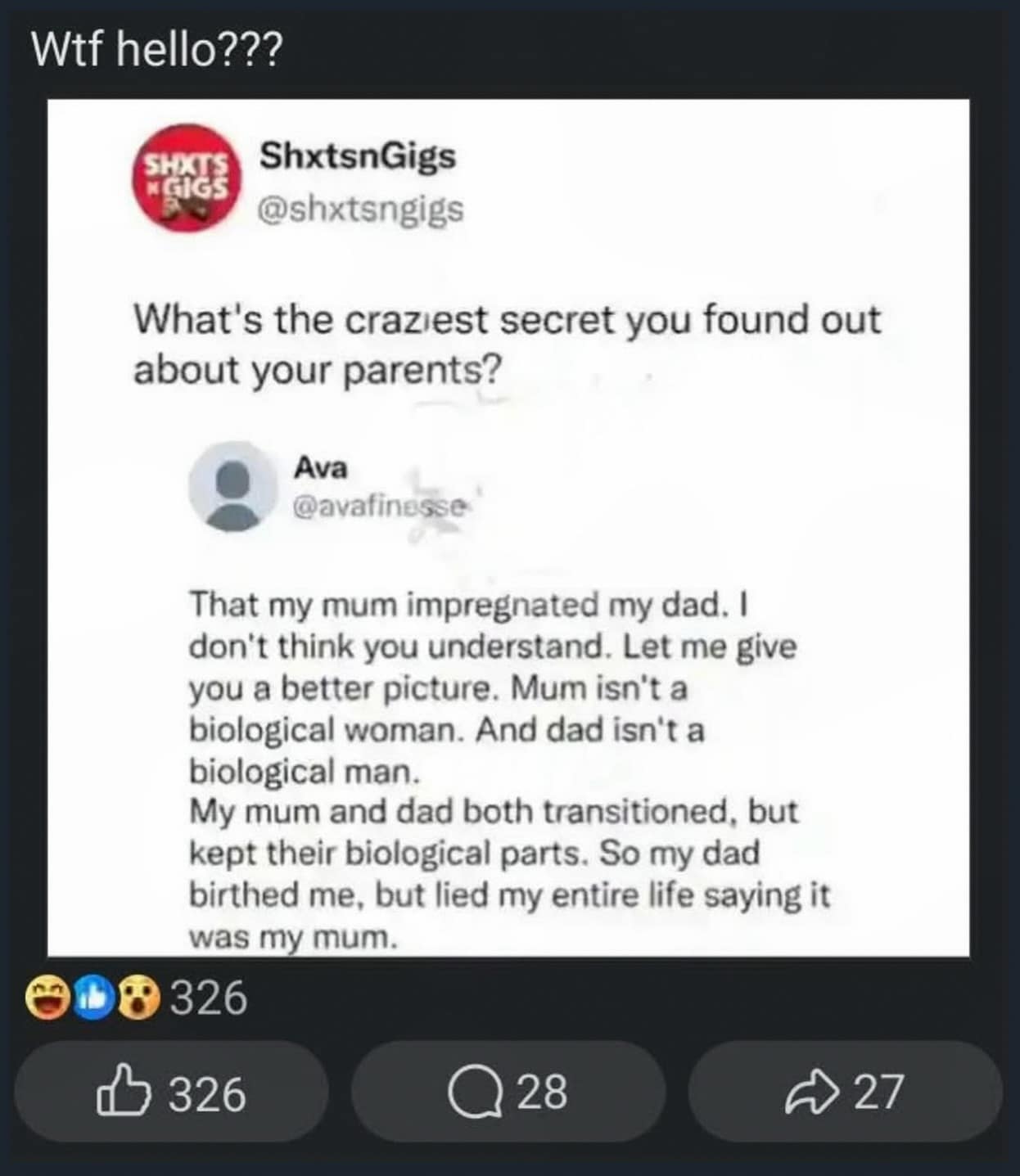 A mind-bending family secret post in a meme dump sharing a user's story about both parents transitioning and keeping biological parts, revealing her biological dad gave birth to her.