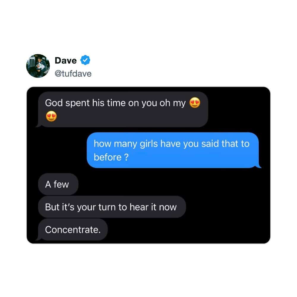 Text message screenshot where someone admits to reusing a romantic line with "it's your turn to hear it now," shared in a meme dump.