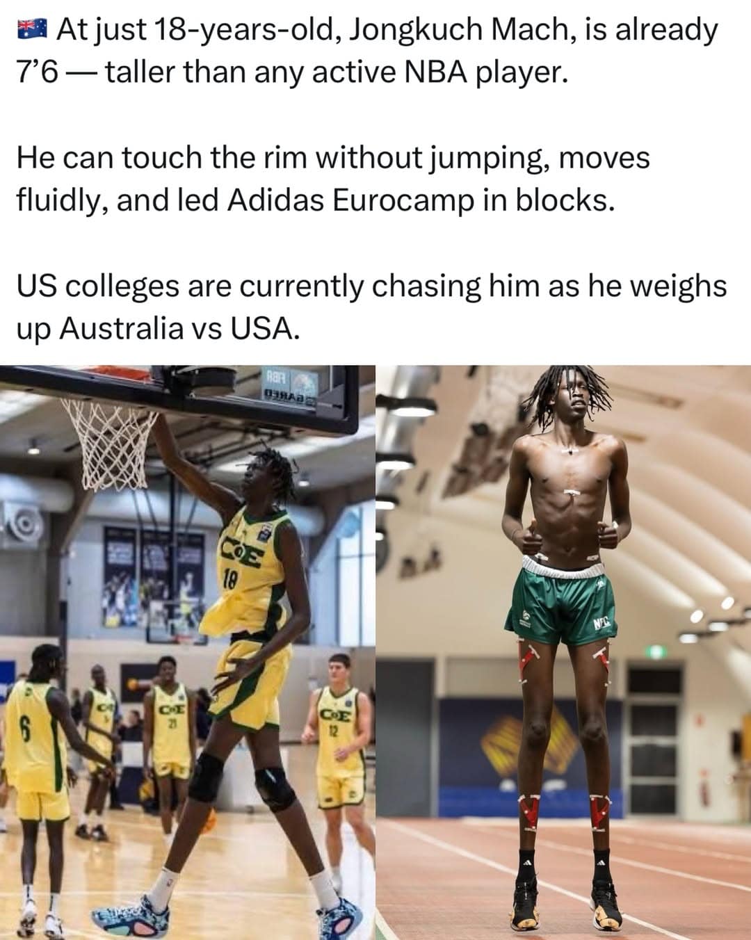A sports news infographic in this meme dump showcasing 7'6" Australian basketball prodigy Jongkuch Mach touching a basketball rim without jumping alongside a training photo.