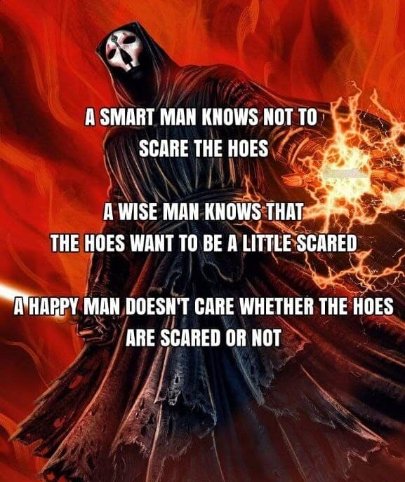 A Sith Lord image in this meme dump featuring Darth Nihilus offering philosophical rules about relationships and scaring people.