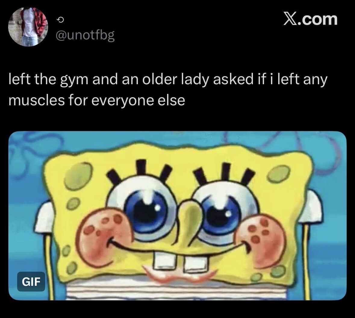 SpongeBob smiling bashfully with huge flushed cheeks in a GIF format, paired with a tweet about an elderly woman complimenting someone's muscle progress at the gym.