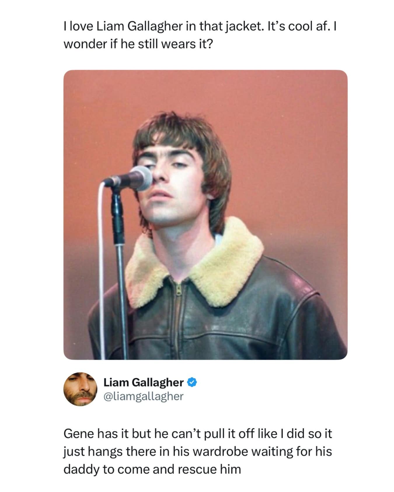 A social media post in this meme dump featuring a vintage photo of Oasis frontman Liam Gallagher in a shearling leather jacket, paired with his hilarious Twitter reply insulting his son's ability to wear it.