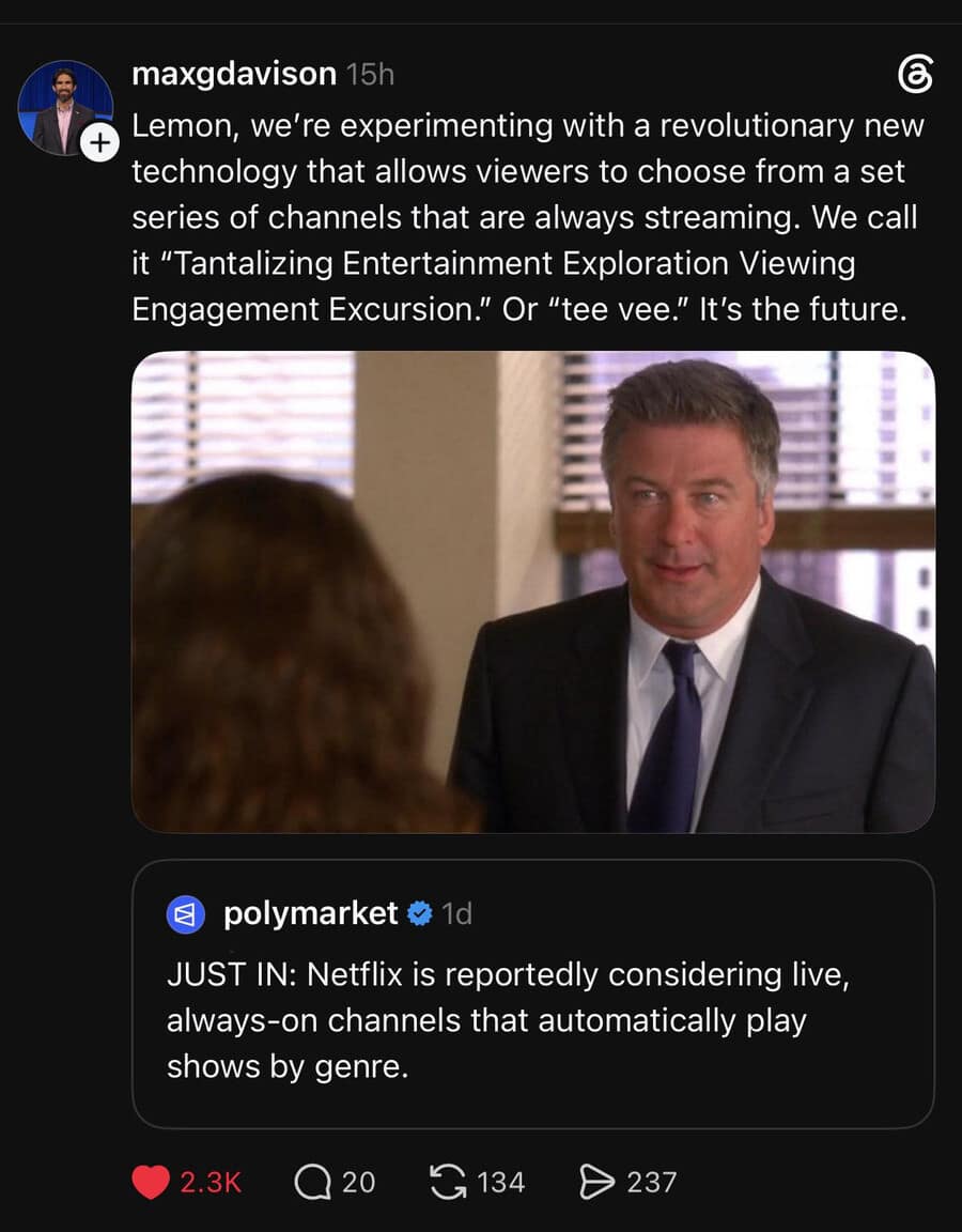 A corporate streaming irony post in this meme dump pairing news about Netflix considering live channels with Jack Donaghy from 30 Rock re-inventing broadcast television.