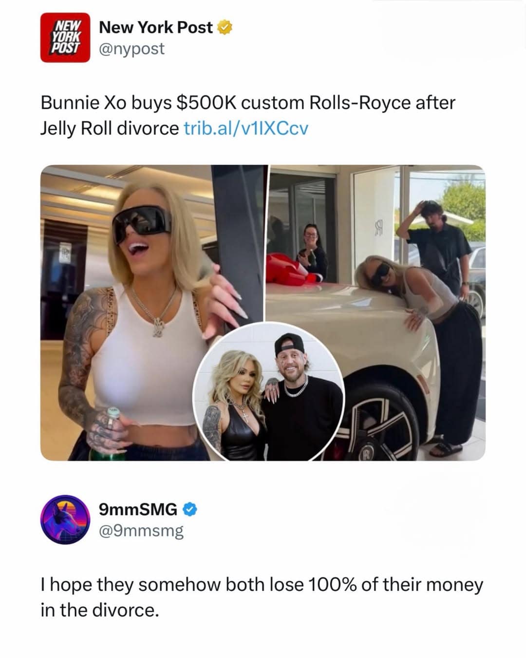 A celebrity news headline in this meme dump from the New York Post about Bunnie Xo buying a $500K Rolls-Royce post-divorce, paired with an intensely petty reply wishing both parties lose all their wealth.