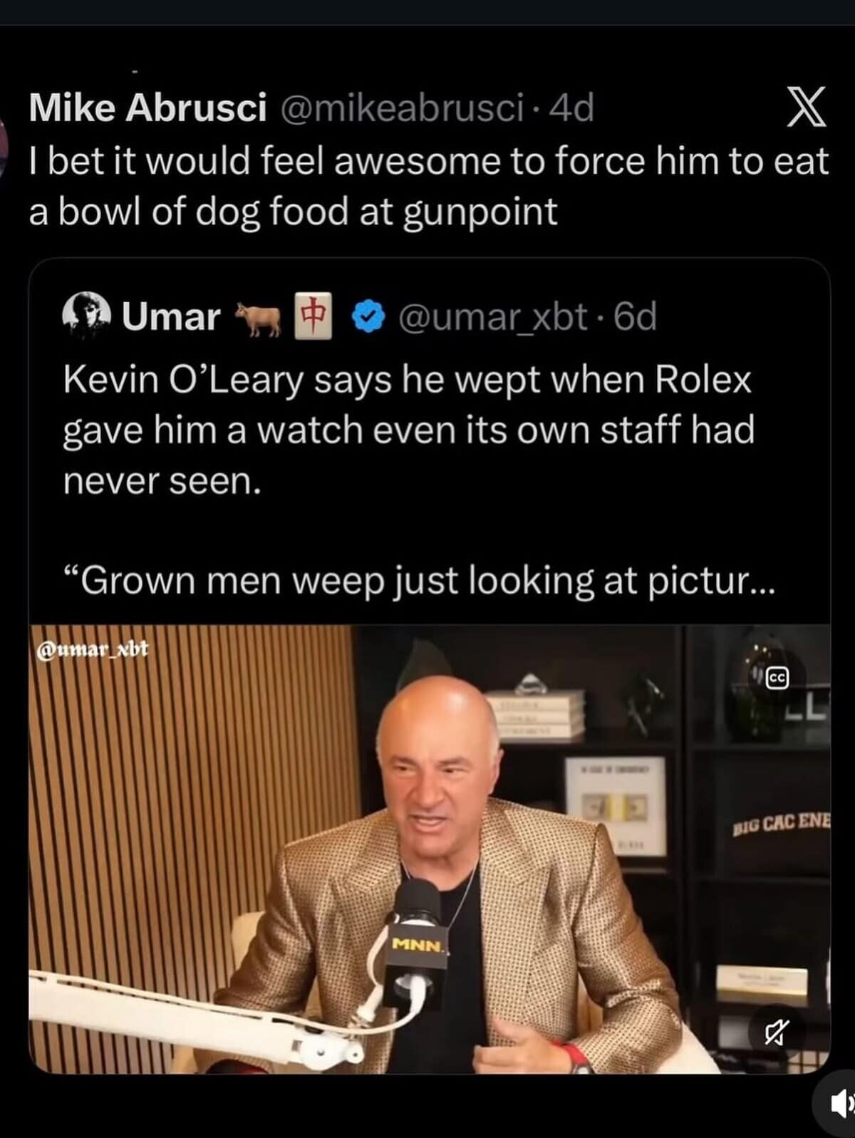 A hostile response tweet in this meme dump reacting to Shark Tank investor Kevin O'Leary crying over an unreleased Rolex watch.