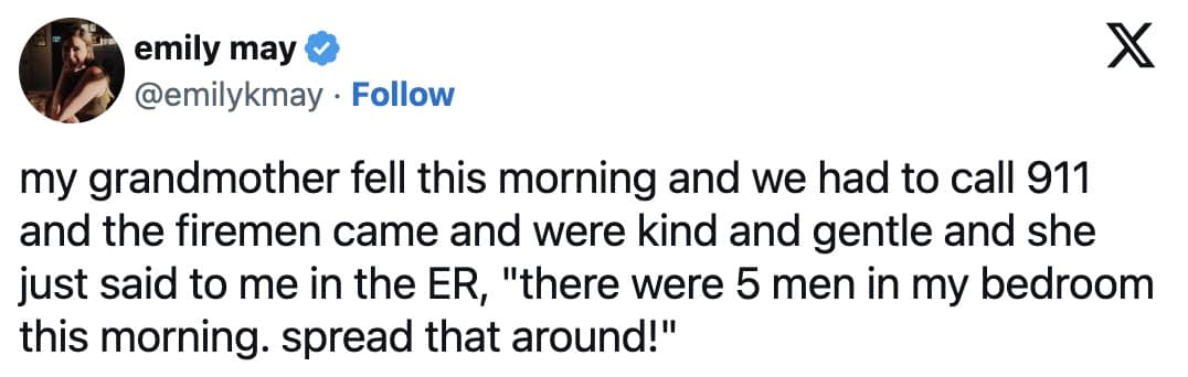 A legendary grandmother ER joke tweet included in this meme dump where an injured grandma brags about having five firefighters in her bedroom after a fall.