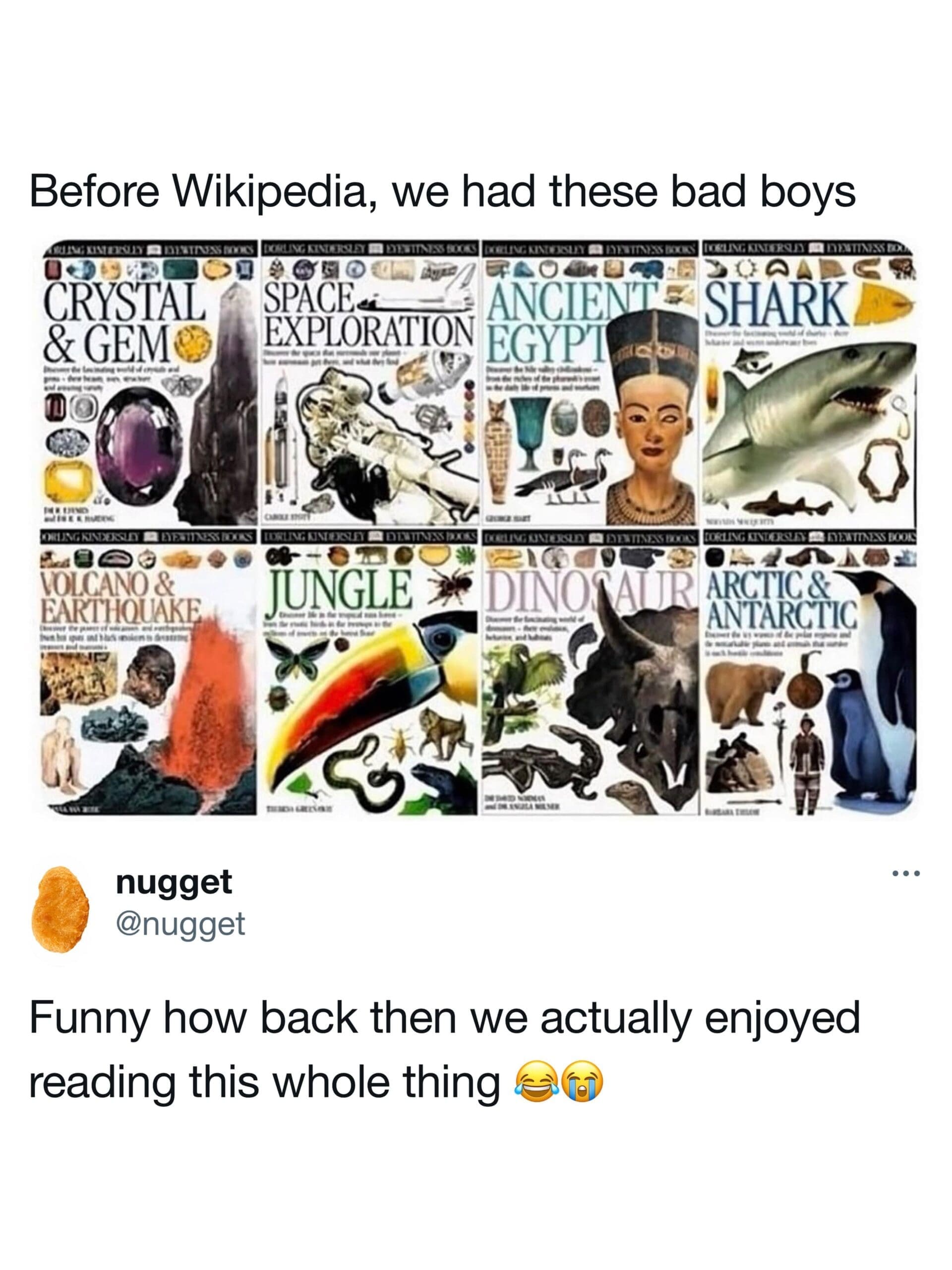 A nostalgic grid of classic DK Eyewitness educational book covers featuring topics like Dinosaurs, Ancient Egypt, and Sharks paired with a tweet.