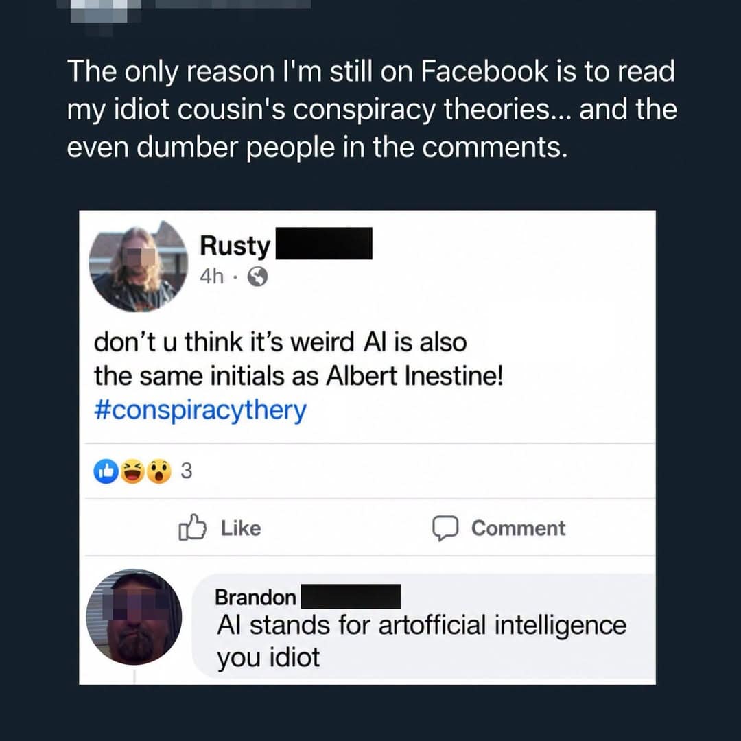 A hilarious Facebook thread screenshot included in this meme dump where a user proposes a conspiracy theory about Weird Al and "Albert Inestine," only to be corrected by someone claiming AI stands for "artofficial intelligence."