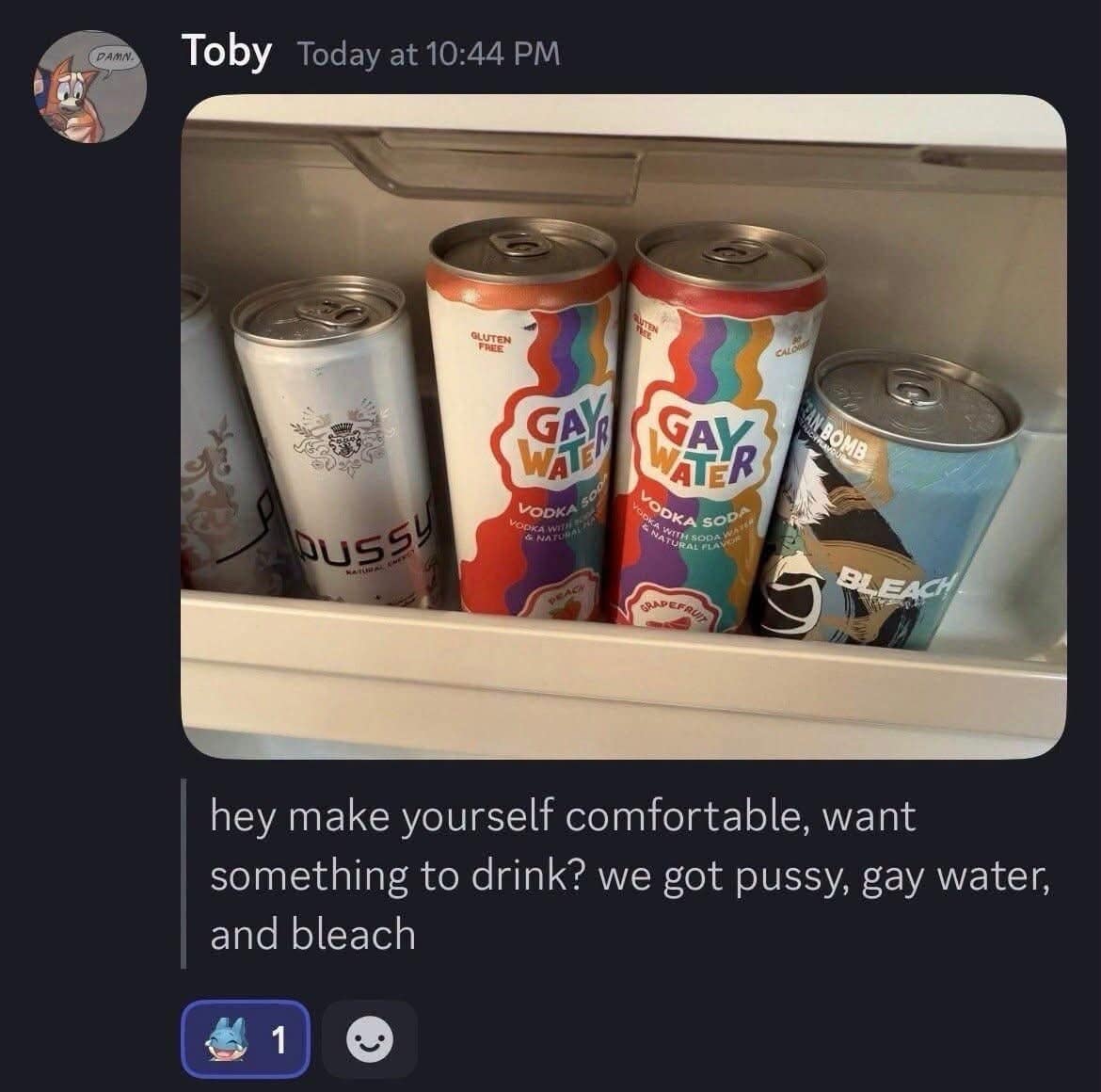An absurd beverage fridge screenshot in this meme dump filled with real bizarre canned drinks labeled "Pussy" energy drink, "Gay Water" vodka sodas, and "Bleach".