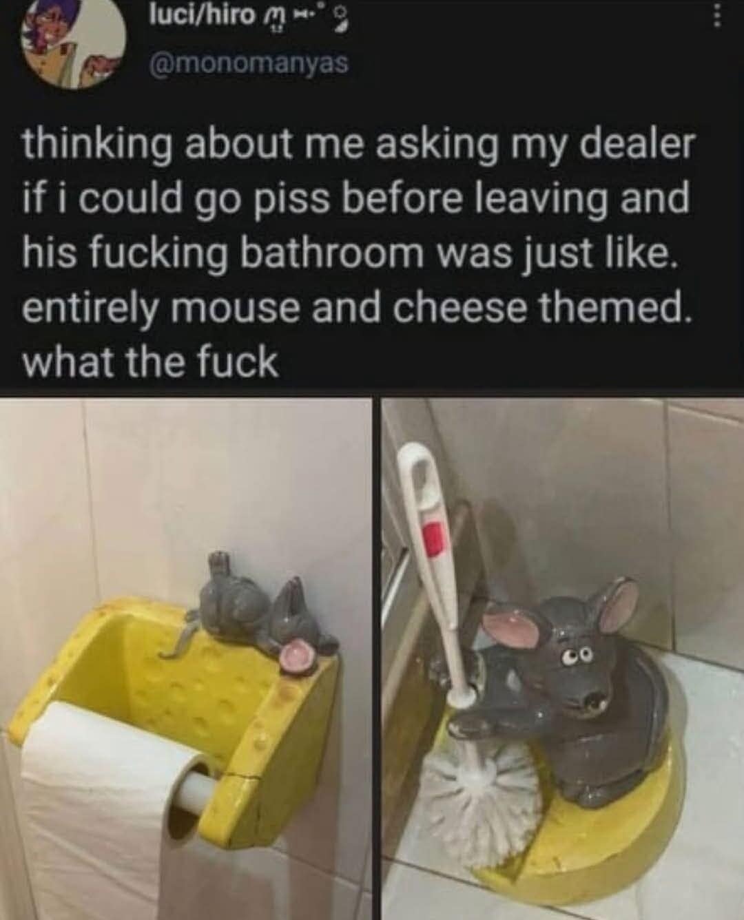 An unexpected interior decor tweet in this meme dump showing photos of a mouse-and-cheese themed toilet paper holder and matching toilet brush.