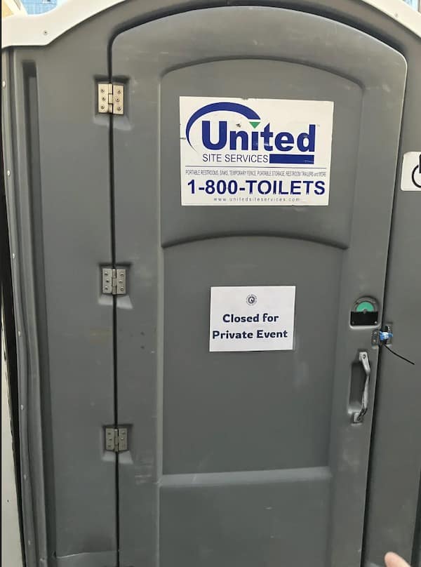 An ironic public facility photo in this meme dump showing a plastic porta-potty door bearing an official sign reading "Closed for Private Event."