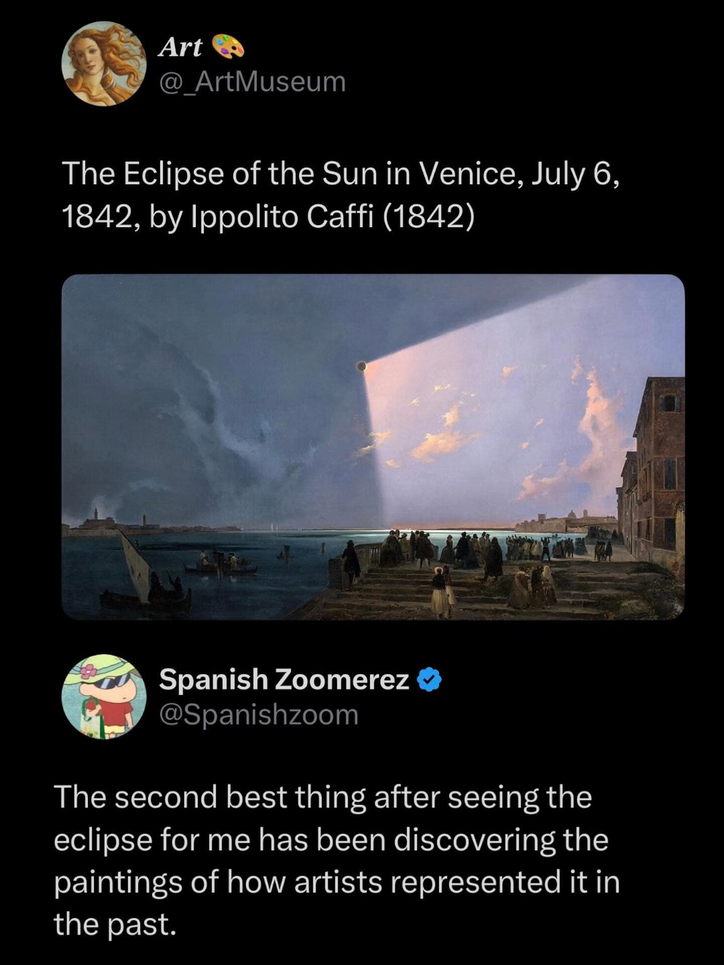 A historical art appreciation meme dump tweet featuring Ippolito Caffi's 1842 Venice eclipse painting where the celestial event projects a stark geometric block of light across the sky.