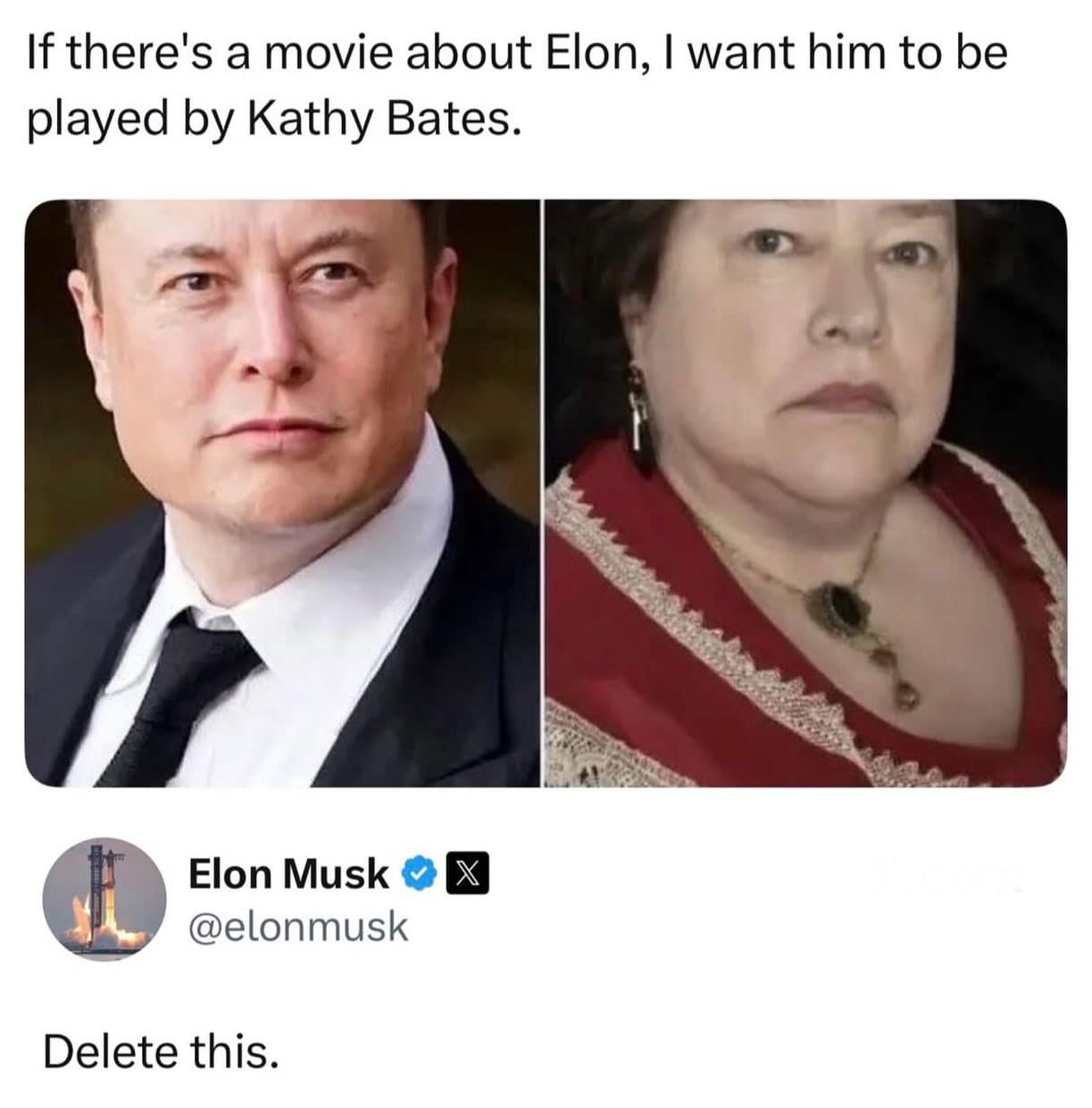 Side-by-side portrait comparison of billionaire Elon Musk and Oscar-winning actress Kathy Bates, with a fake reply from Musk telling the creator to delete it.