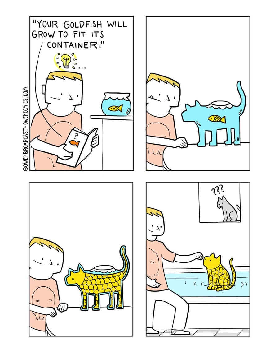 Four-panel webcomic illustrating a man taking the phrase "goldfish grow to fit their container" literally by placing a fish into a cat-shaped bowl until it grows into a cat-fish hybrid.