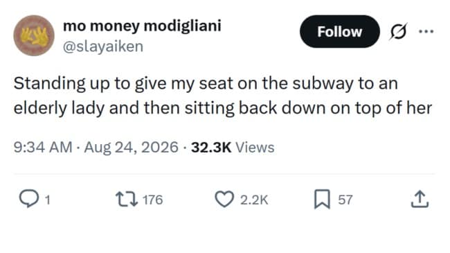 Dark mode text tweet describing a chaotic subway etiquette scenario about standing up for an elderly woman only to sit right back down on top of her.