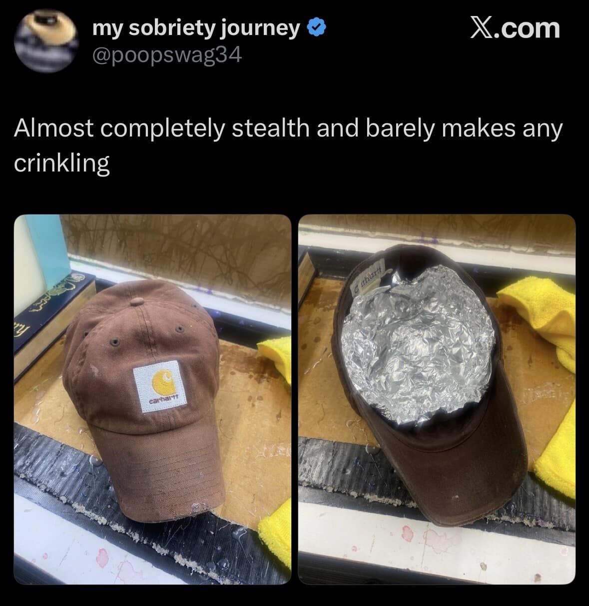 A stealthy conspiracy tinfoil hat post featured in this meme dump showing aluminum foil hidden inside a brown Carhartt baseball cap.