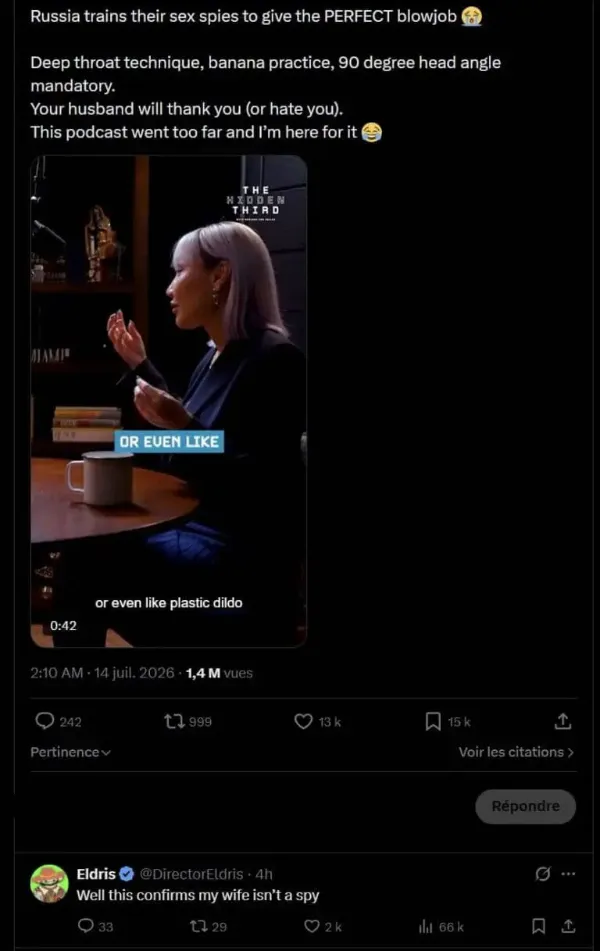 A hilarious relationship commentary post operating as a meme dump featuring a podcast screenshot about Russian sex spy techniques, met with a tweet reply stating "Well this confirms my wife isn't a spy."