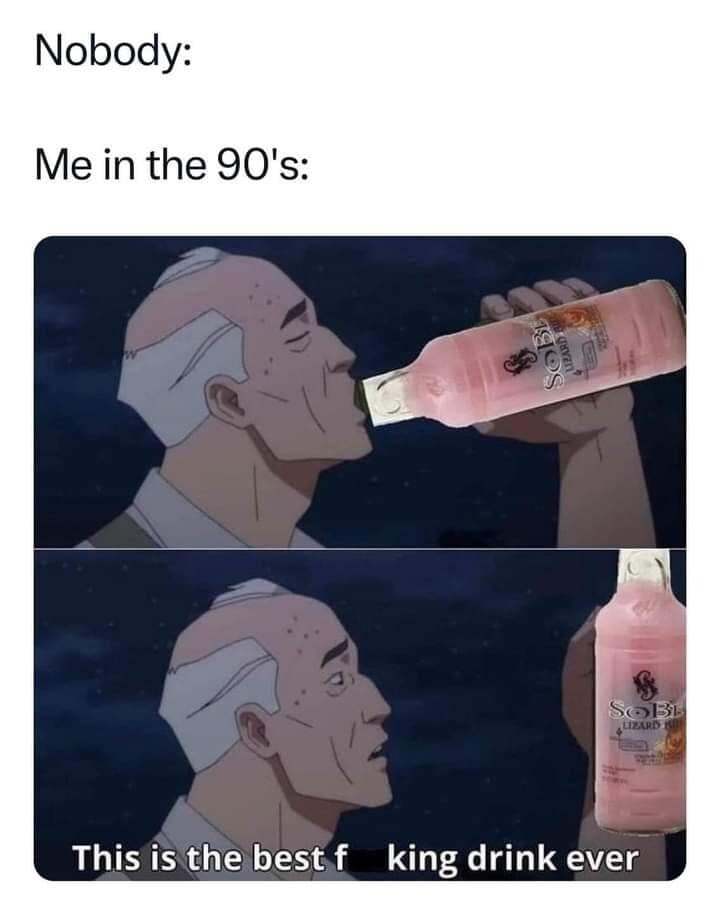 A 1990s beverage nostalgia image featured in this funny meme set showing an animated character chugging a glass bottle of SoBe Lizard Fuel.