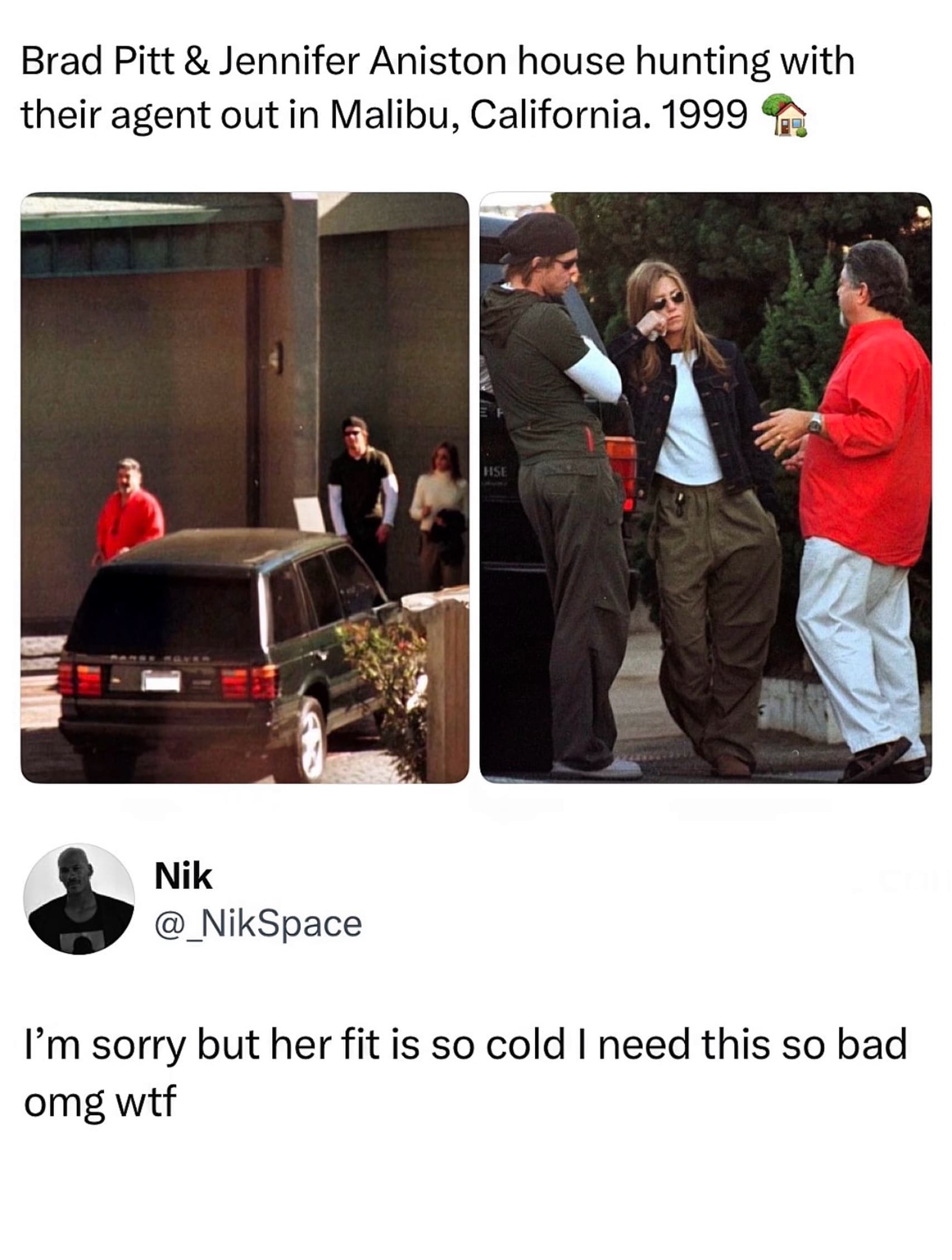 A 1990s celebrity fashion tweet in this meme dump showing Brad Pitt and Jennifer Aniston in ultra-baggy cargo pants in Malibu, praised for peak vintage street style.