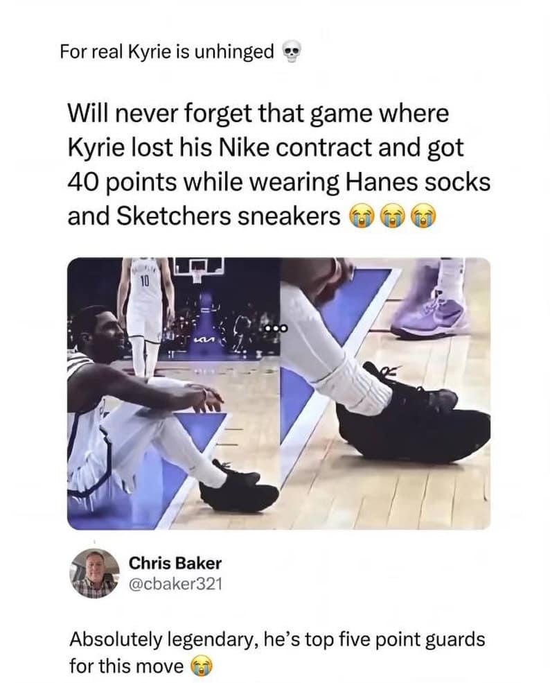Kyrie Irving sitting on a basketball court wearing plain black sneakers and white socks during an NBA game under commentary about his footwear.