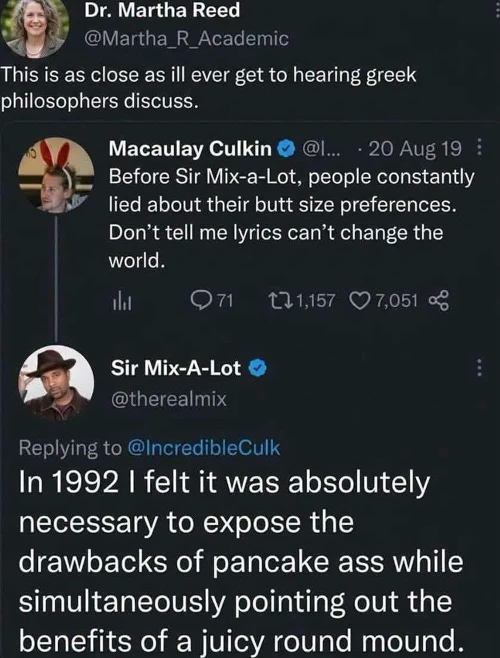 Twitter dialogue between actor Macaulay Culkin and rapper Sir Mix-a-Lot discussing the cultural and historical impact of the 1992 hit song Baby Got Back.