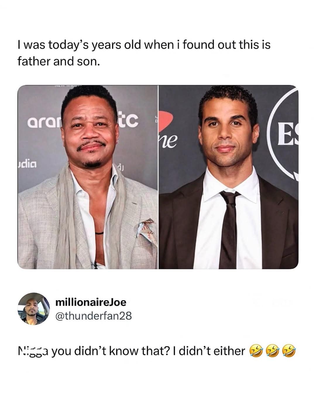 A celebrity trivia post in this meme dump displaying actors Cuba Gooding Jr. and his son Mason Gooding, followed by a hilariously honest user comment admitting they didn't know they were related either.