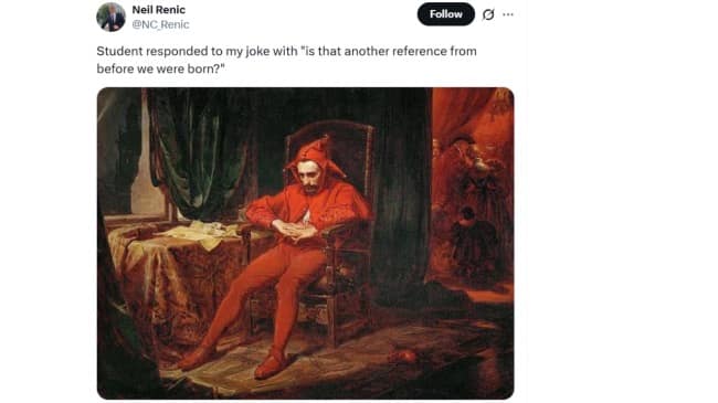 An existential academic dread post in this meme dump using the classic painting of Stańczyk the melancholy jester after a student asked if a joke referenced something from before they were born.