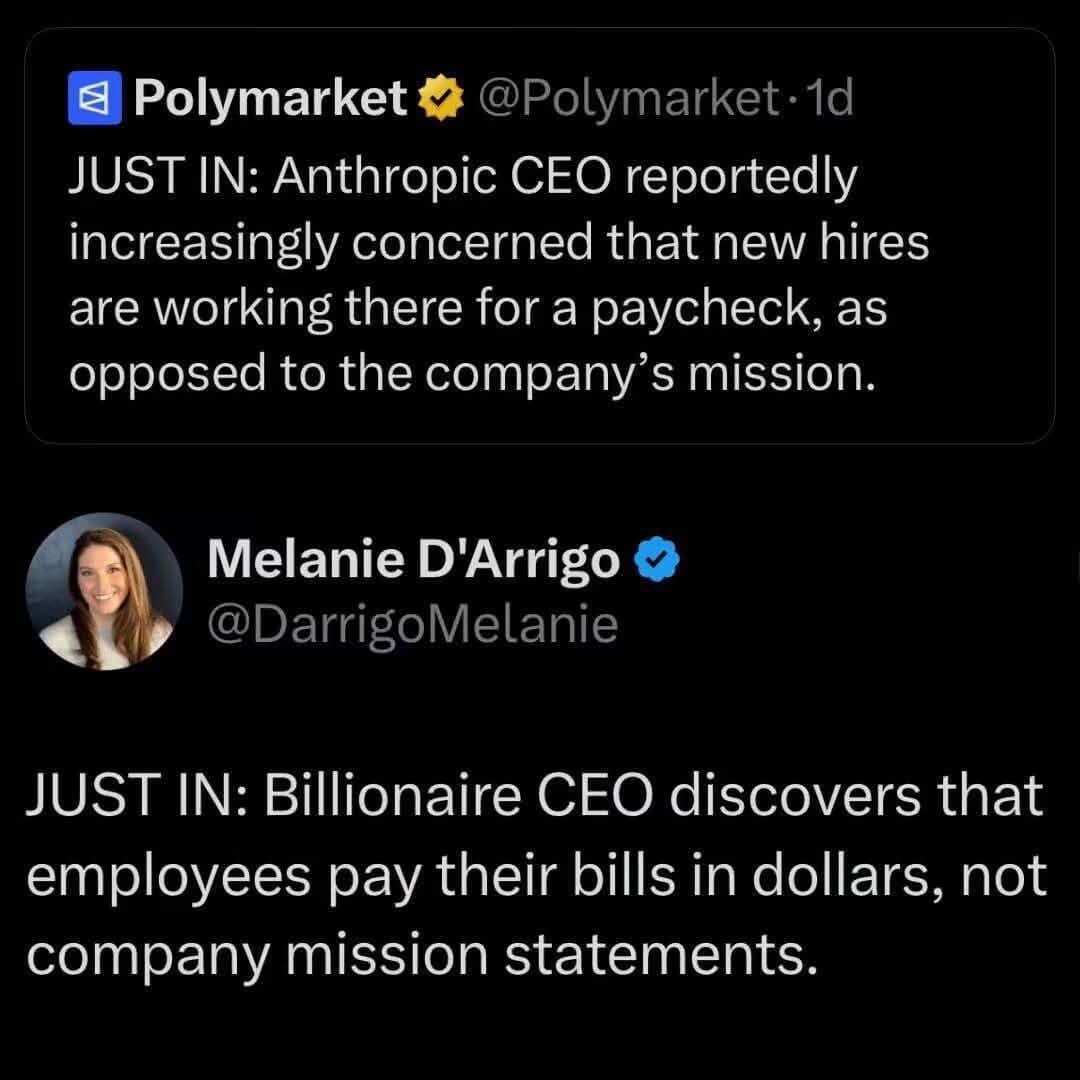 A corporate reality check tweet in this meme dump mocking an AI company CEO who is surprised employees work for money rather than mission statements.
