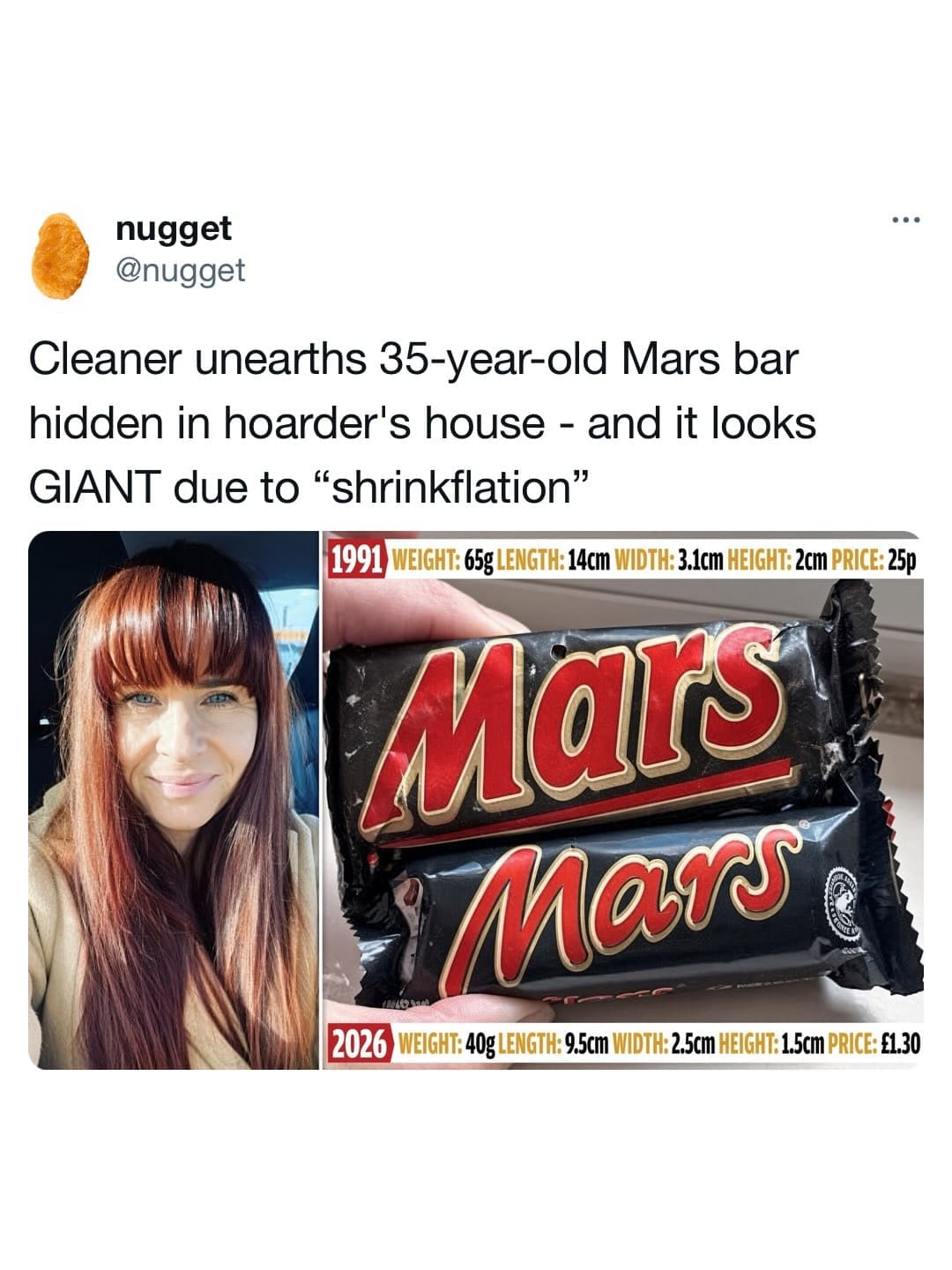 A candy shrinkflation comparison post in this meme dump showing a 35-year-old vintage Mars bar side-by-side with a modern 2026 bar to highlight drastic size reductions.