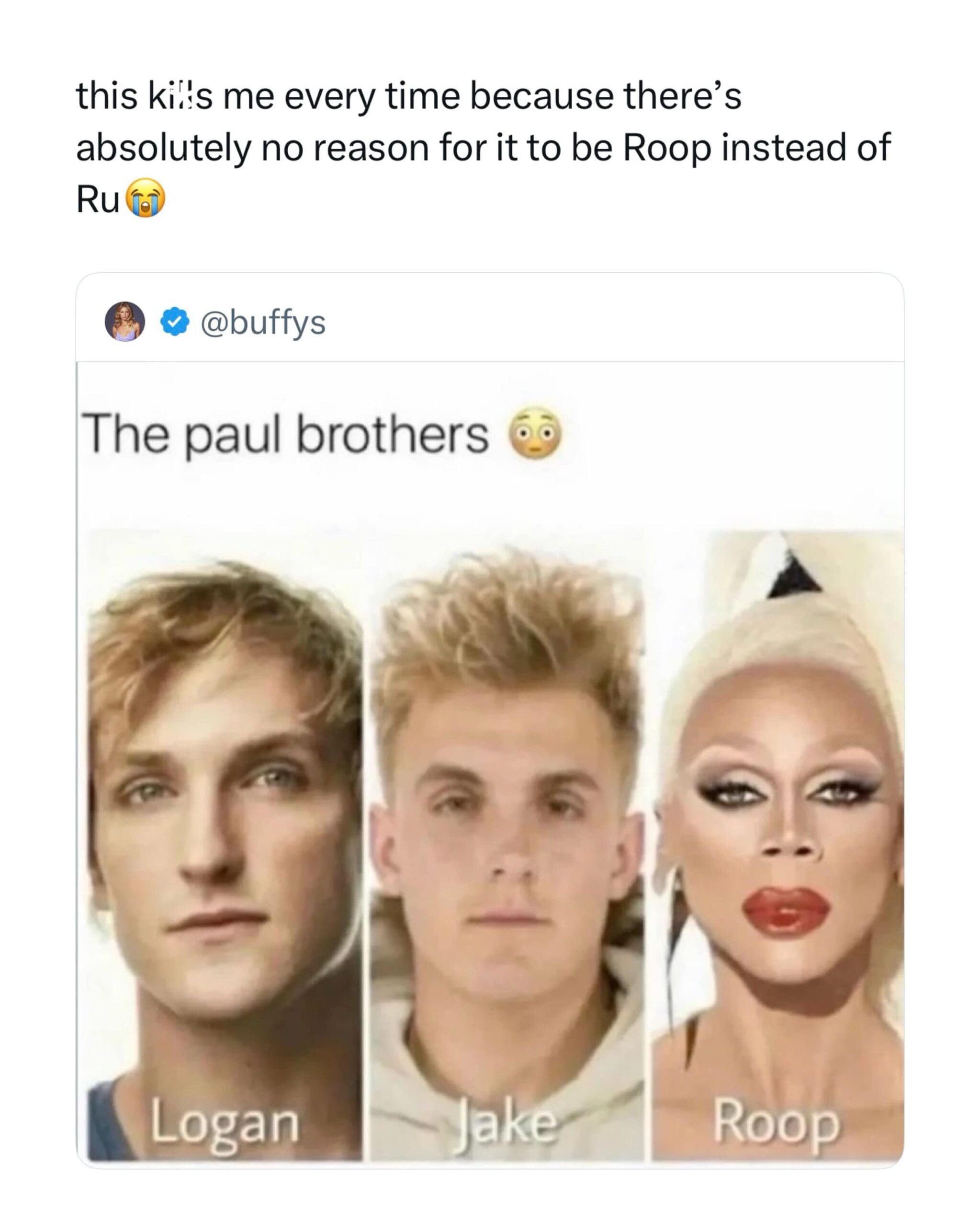 A celebrity family parody meme dump post grouping Logan Paul, Jake Paul, and RuPaul together, hilariously misspelling RuPaul as "Roop Paul."