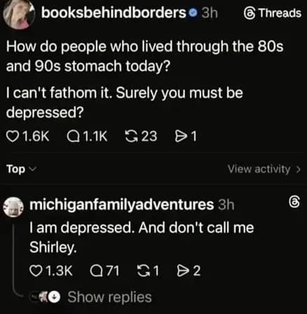 Threads social media interaction where a user responds to a post about surviving the 1980s with the classic Airplane! movie line, "I am depressed. And don't call me Shirley."