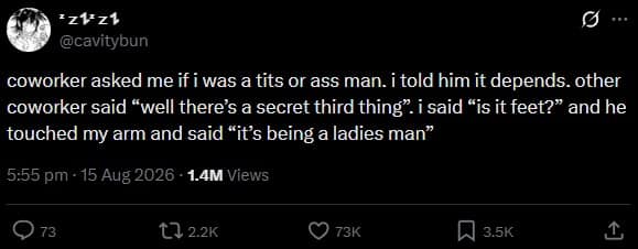 Text tweet recounting a bizarre office interaction where a coworker attempts to redefine standard attraction categories into simply "being a ladies man."