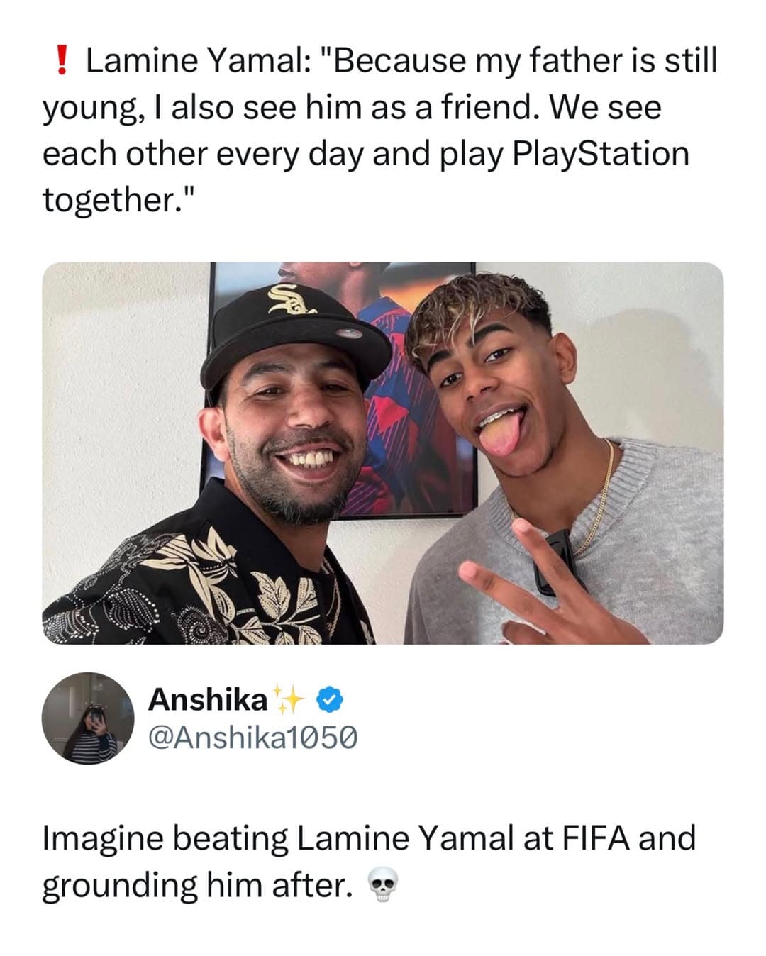A sports quote tweet in this meme dump from teenage football prodigy Lamine Yamal about playing PlayStation with his young dad, paired with a funny reply about getting grounded after losing a video game match.
