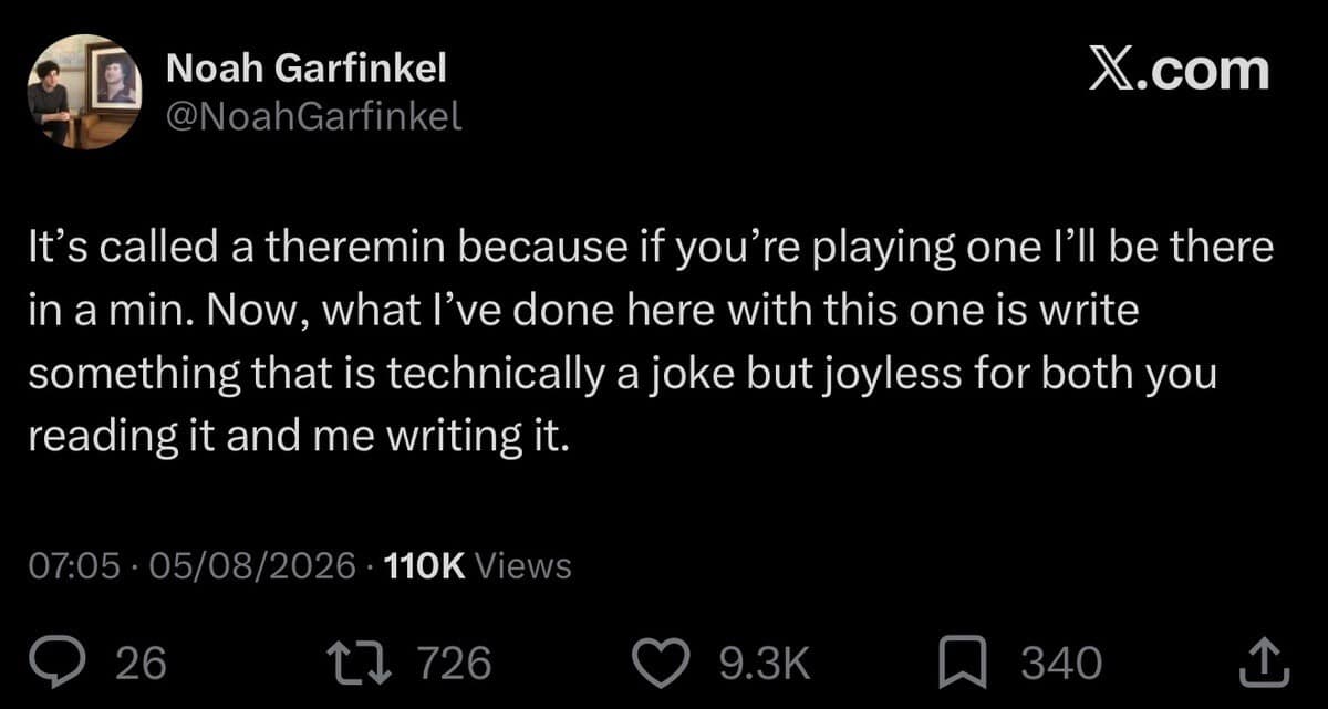 A dry dad joke tweet in this meme dump explaining a self-aware, joyless pun about how the theremin got its name.