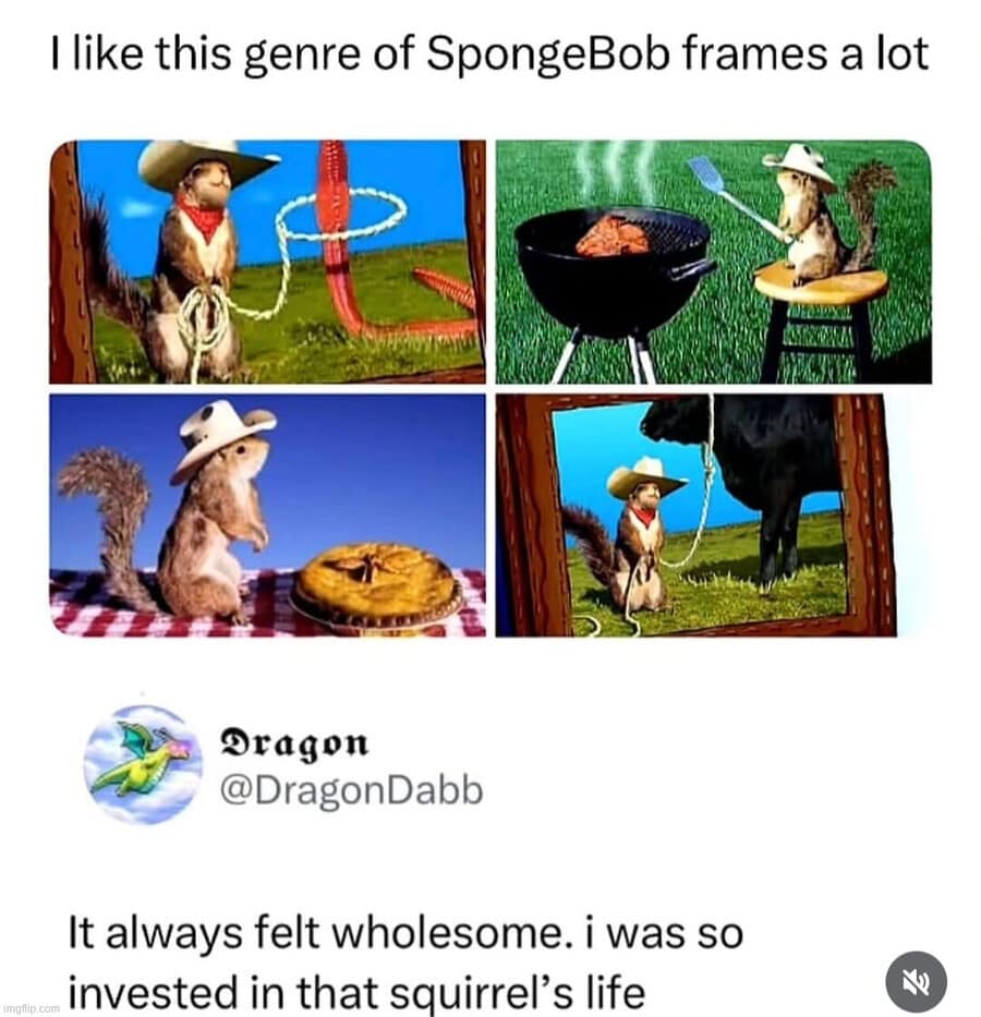 A nostalgia appreciation post in this meme dump celebrating live-action Sandy Cheeks footage from SpongeBob SquarePants, featuring a cowboy-hat-wearing squirrel roping cattle and grilling.
